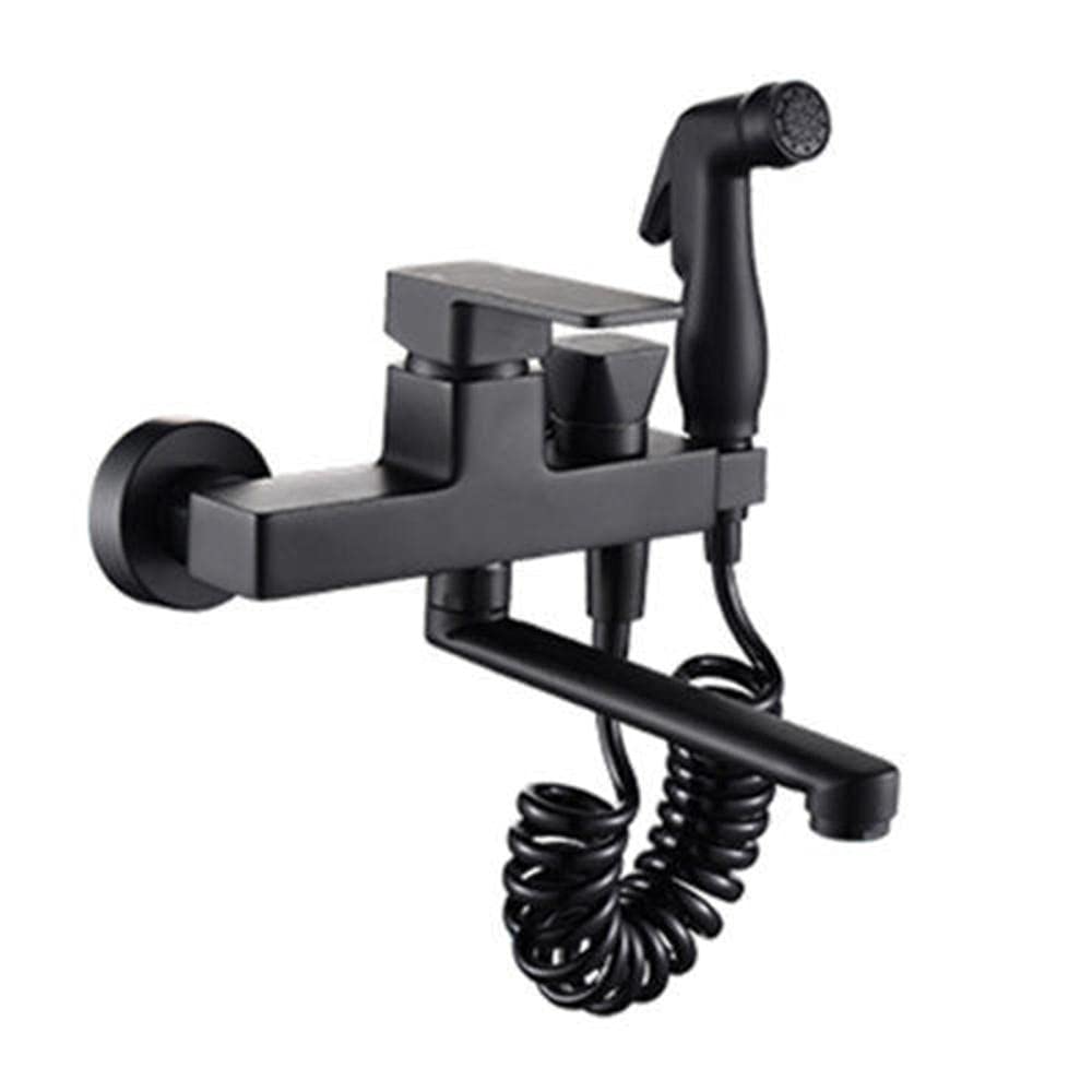**Black Wall Mount Kitchen Faucet with Spray Gun - Hot & Cold Water Double Hole Rotating Multi-Function Sink Faucet (35cm) - Perfect for Modern Kitchens, Restaurants & Outdoor Bars**