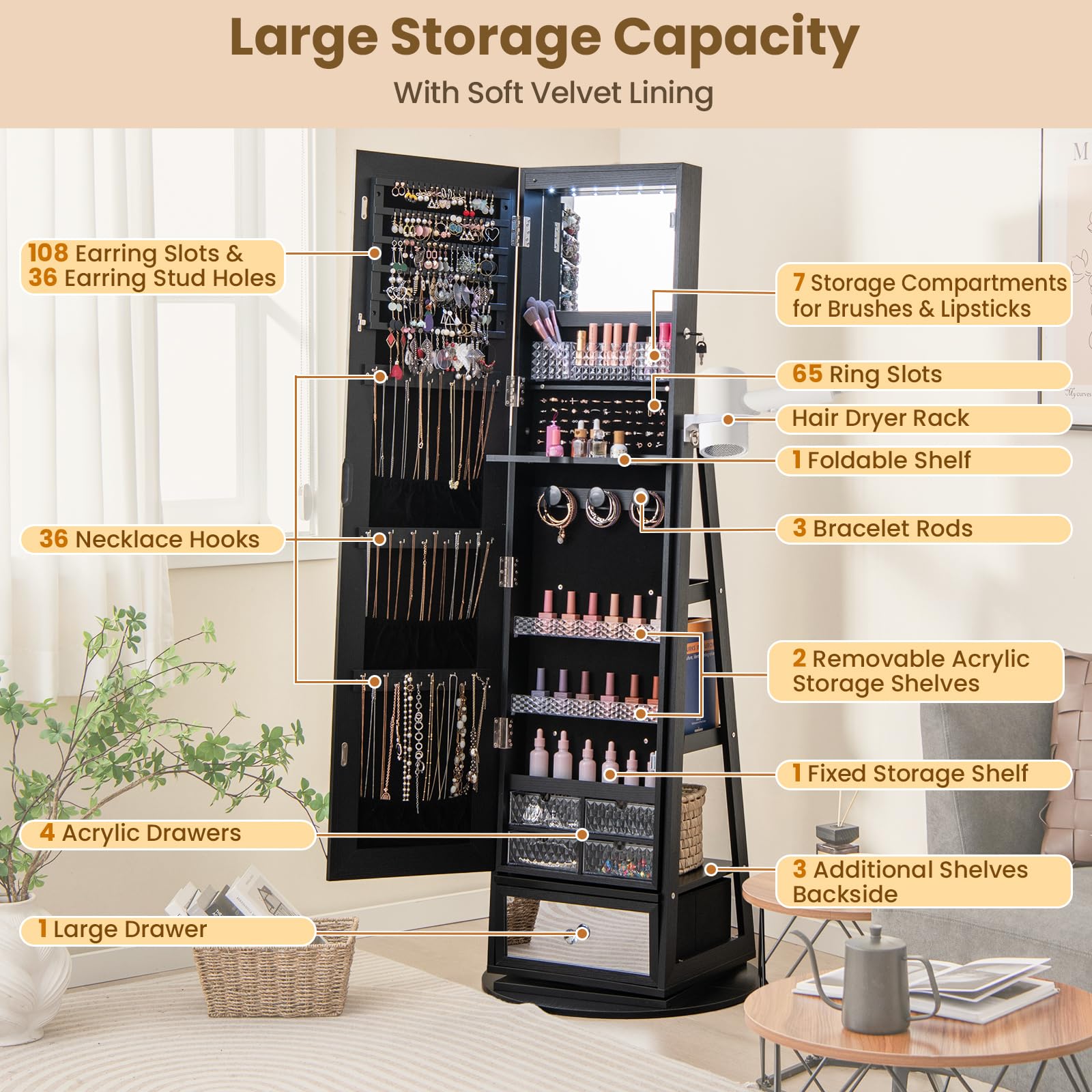 CHARMAID 360° Swivel Jewelry Cabinet Armoire with Full Length Mirror - 64.5