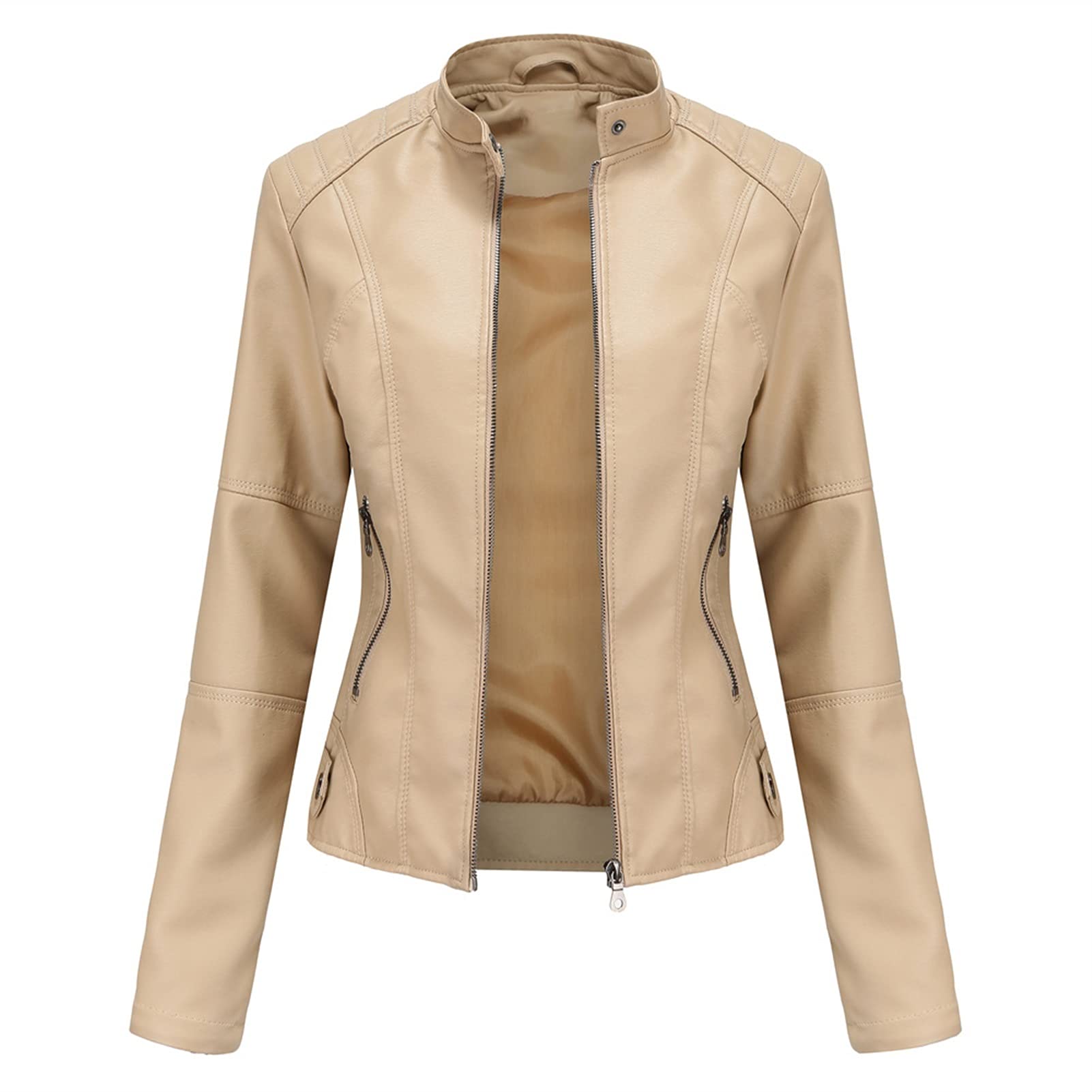 RiShengChang Women's PU Leather Slim-Fit Biker Jacket - Lightweight Short Coat for Autumn & Spring - Apricot Color, Size Medium - Perfect for Casual Outings, Motorcycle Rides & Fashionable Layering