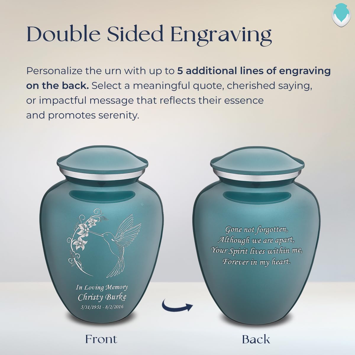 Personalized Hummingbird Cremation Urn for Human Ashes - Large Teal Funeral Urn with Double Side Engraving for Adults (200 lbs Capacity) | Memorial Keepsake for Home, Funeral Service & Scattering Ceremonies
