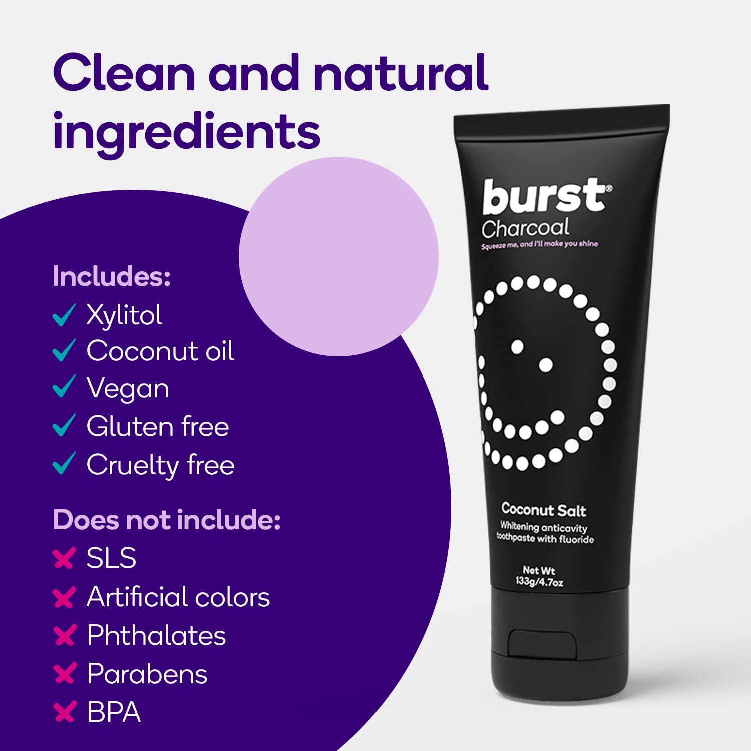 BURST Charcoal Whitening Toothpaste for Adults - Sensitive Teeth, Fluoride & Xylitol for Cavity Protection (4.7oz, 2 Pack) | Vegan, Gluten-Free, SLS-Free | Coconut Salt Flavor | Perfect for Daily Oral Care & Teeth Whitening at Home