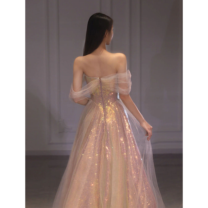 Sparkly Off Shoulder Pink Long Prom Dress with Bling - Elegant Evening Gown for Homecoming, Quinceañera & Formal Events