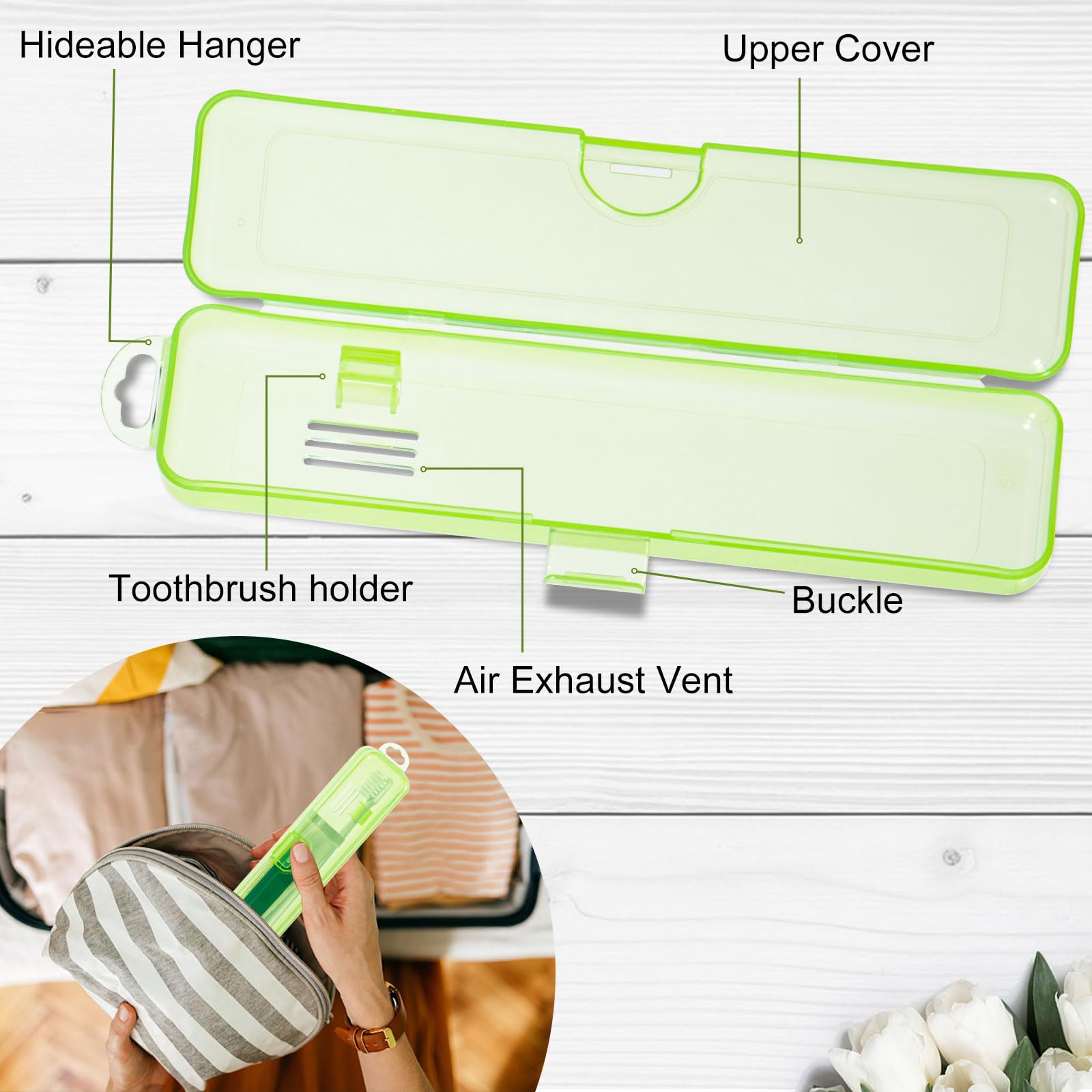 Yeeco 2-Pack Transparent Green Travel Toothbrush Case - Plastic Holder, 7.87 x 1.85 x 1.18 Inches Portable Toothbrush Cover for Travel, Camping & Gym - BPA-Free & Waterproof Design