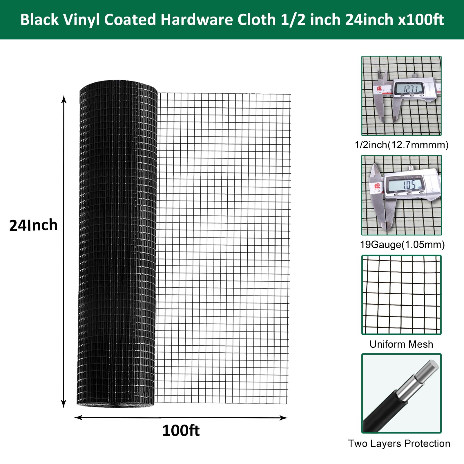 PVC Coated 1/2 Inch 19 Gauge Black Welded Wire Mesh Roll - 24