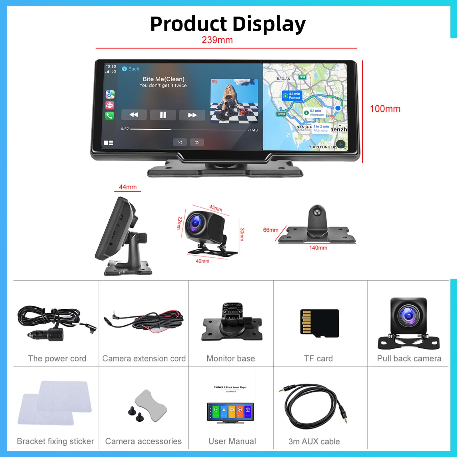 Hodozzy 9.3 Inch Wireless CarPlay & Android Auto Car Stereo with 2.5K Touchscreen, Portable Dash Cam, Bluetooth/FM/AUX/SD/Video Recording/Rear Camera - Perfect for Road Trips & Daily Commutes