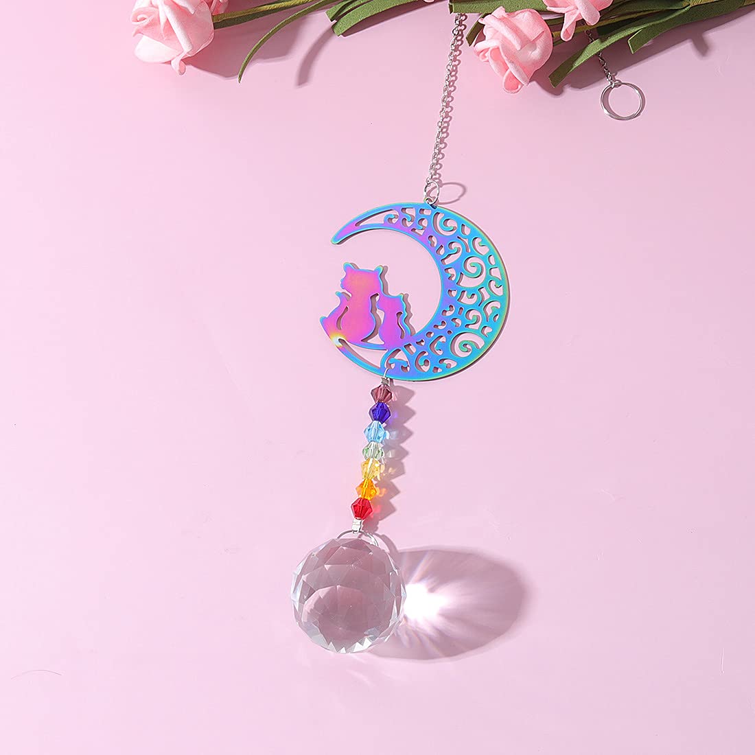 Chakra Beads Moon Cat Crystal Ball Prism Pendant - Rainbow Maker Hanging Suncatcher Ornament for Home Decor & Protection | Perfect for Windows, Meditation Spaces & Spiritual Healing