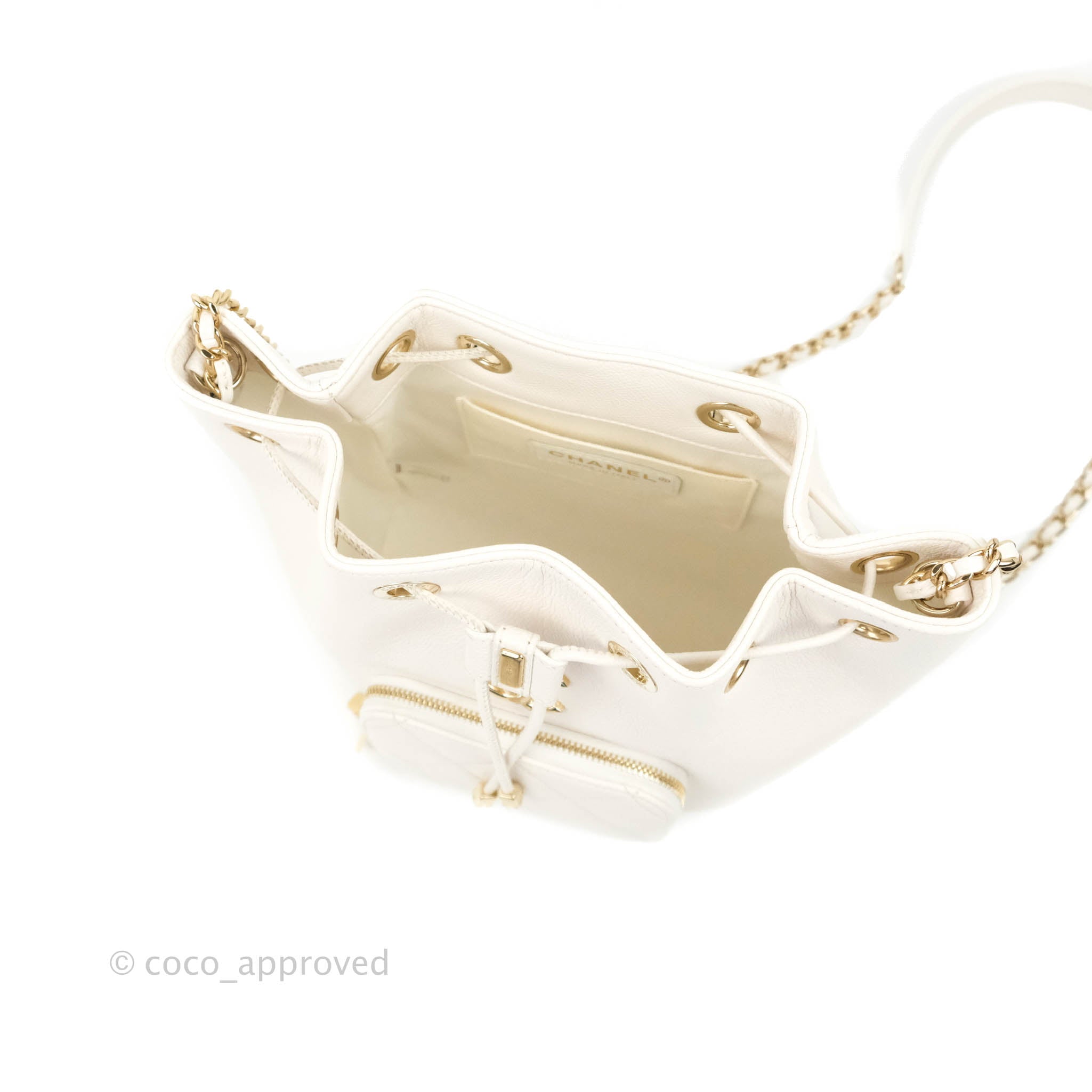 Chanel Business Affinity Drawstring Bucket Bag in White Caviar Leather with Gold Hardware - Perfect for Work, Travel & Everyday Luxury