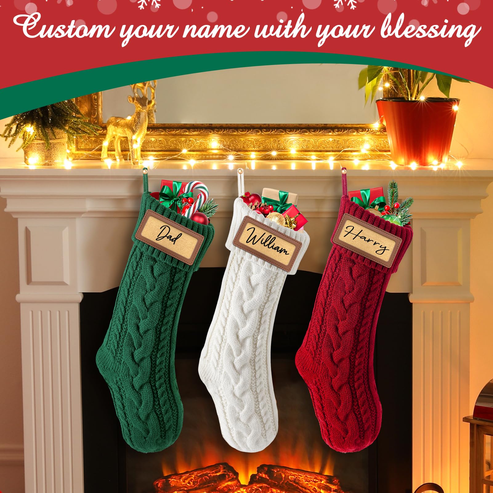 4 Pack Personalized Christmas Stockings with Leather Patches - Custom Name Family Xmas Stockings (18.5