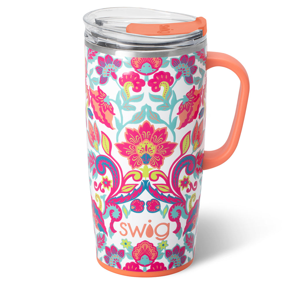 22oz Flourish Travel Mug - Insulated Stainless Steel Coffee Tumbler with Lid & Handle for Hot/Cold Drinks - Perfect for Commuting, Camping & Office Use