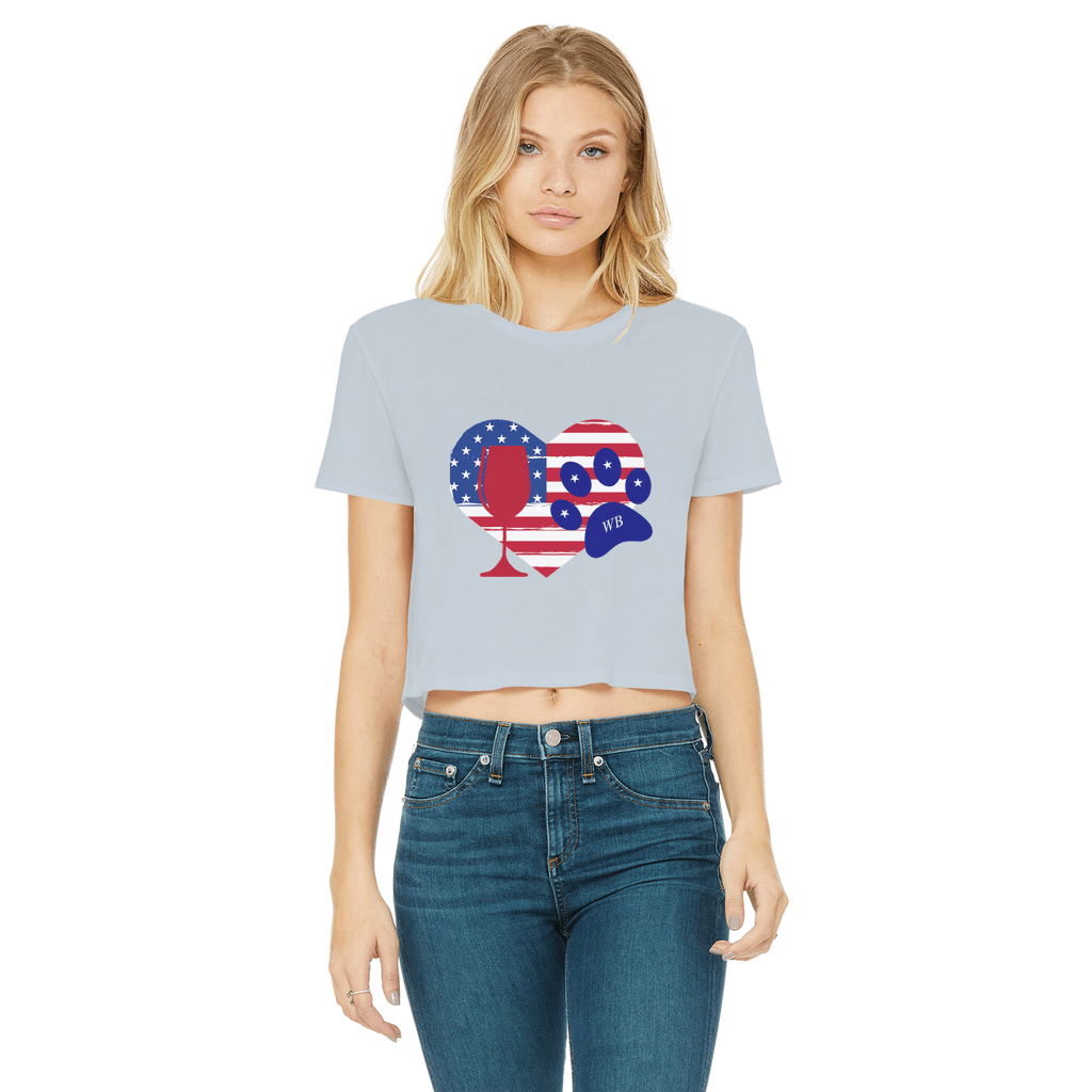 WineyBitches.Co Women's Cropped Raw Edge T-Shirt with Heart Paw Print - American Wine Lover Tee for Casual Outfits, Girls Night Out & Wine Tasting Events