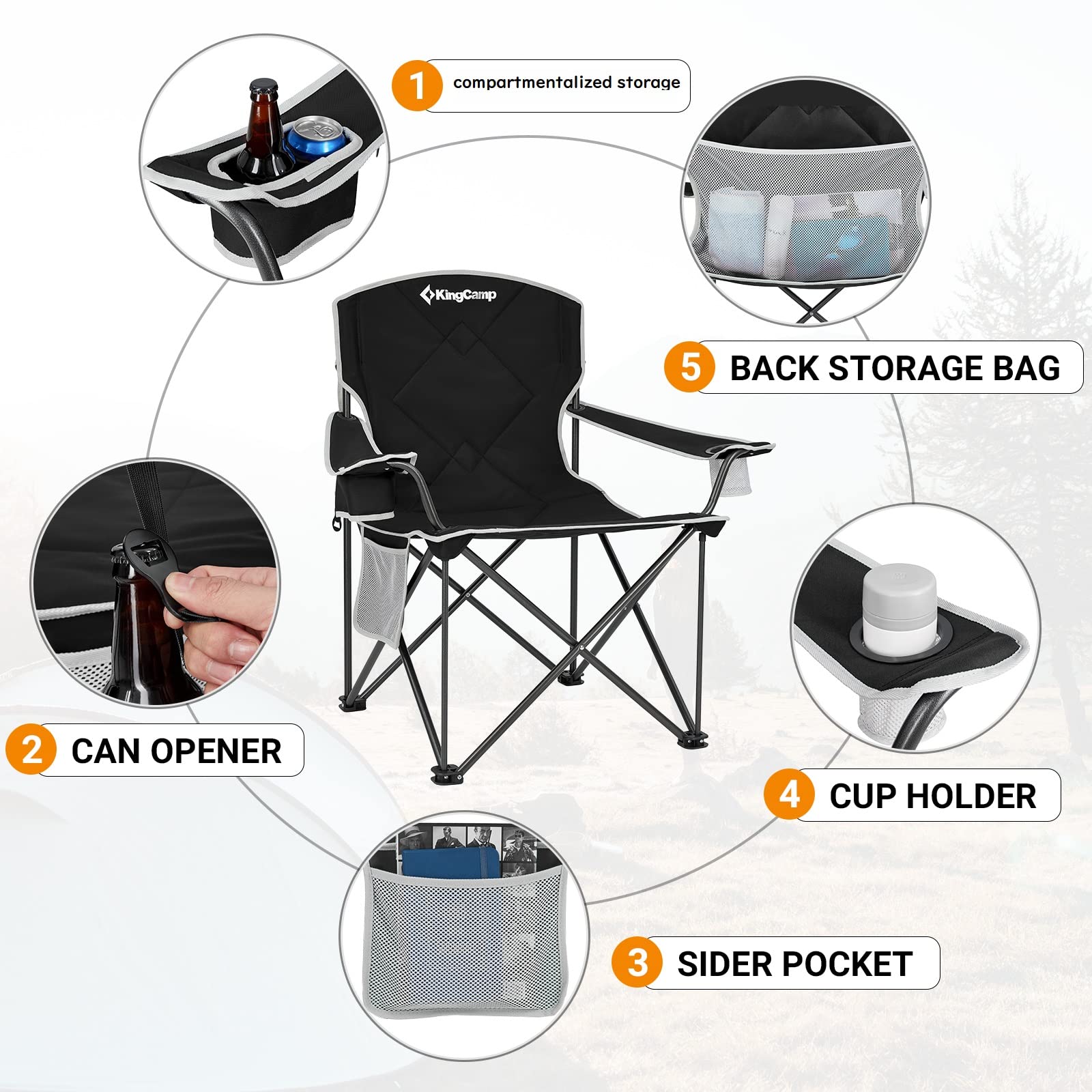KingCamp Oversized Camping Chair - Heavy Duty Folding Chair for Adults, Extra Large Portable Padded Outdoor Chair XL Supports 330lbs - Perfect for Fishing, Sports, Picnics, Beach, Backyard, and Camping Adventures