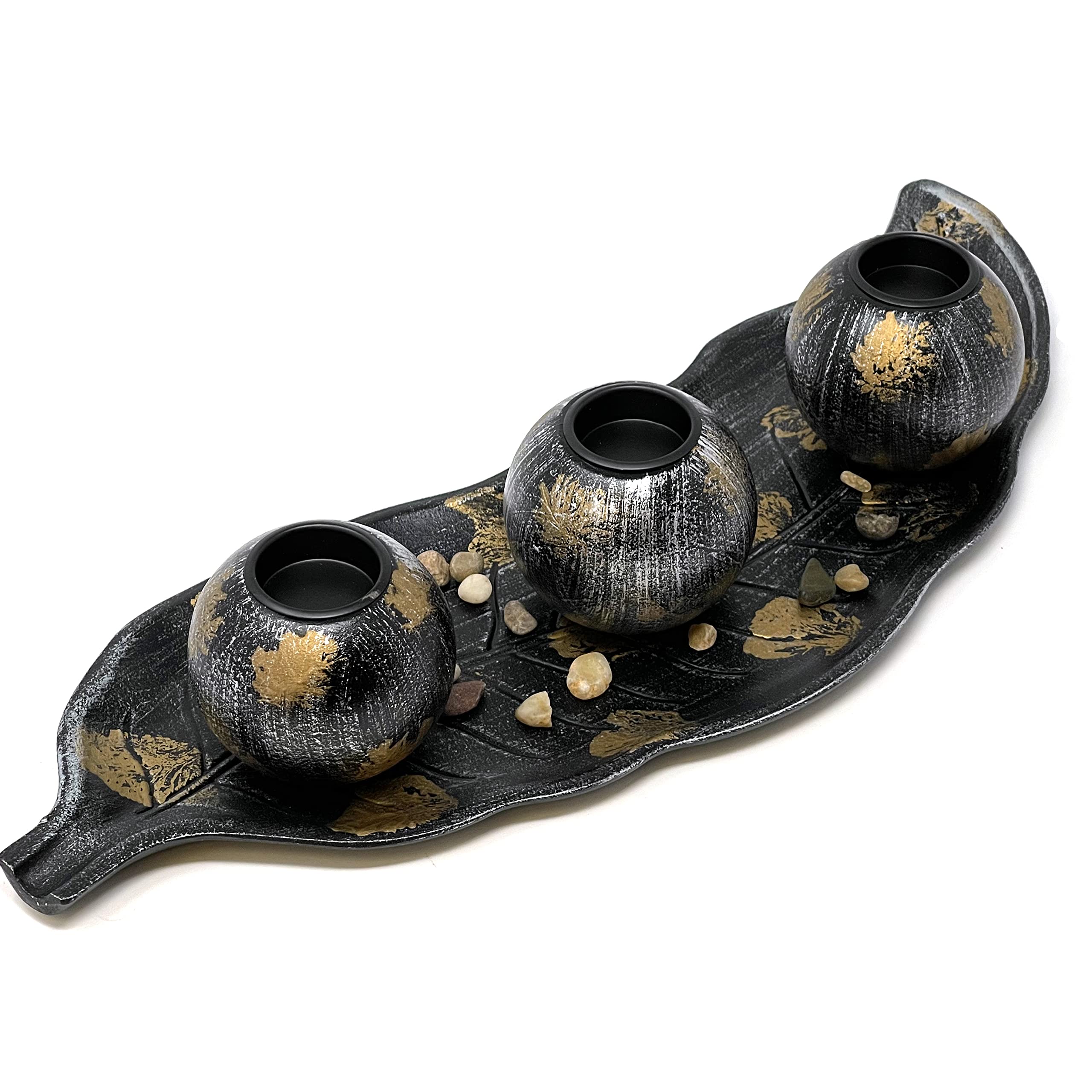 Allgala Wooden 3 Ball Tealight Candle Holder with Leaf Tray - Black Gold Centerpiece for Coffee Table, Dining Table, Wedding & Home Decor - HD90406