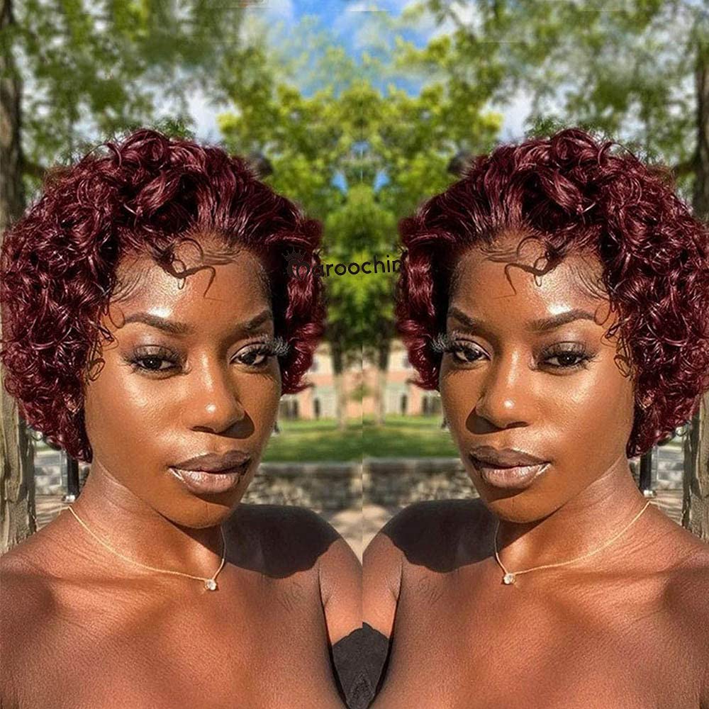 13x4x1 Lace Front Human Hair Wigs for Black Women - 180% Density Pixie Cut Curly Short Bob Wig with Baby Hair | 8 Inch 99J Natural Looking Hairpiece for Daily Wear, Parties & Special Occasions