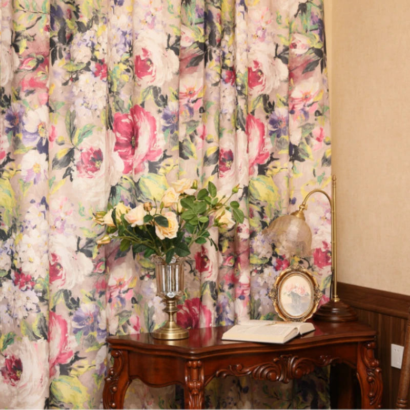Custom French Botanical Canvas Blackout Curtains for Bedroom & Living Room - Elegant Floral Print Window Treatments for Light Blocking & Privacy
