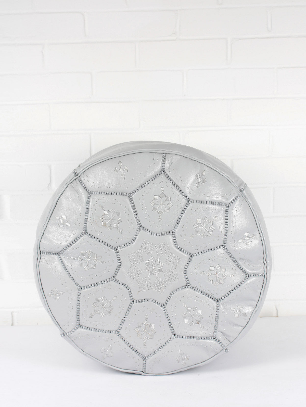 Handmade Moroccan Leather Tile Pouffe Ottoman - Gray Footstool for Living Room, Bedroom, or Lounge | Boho Chic Home Decor | Slight Imperfections