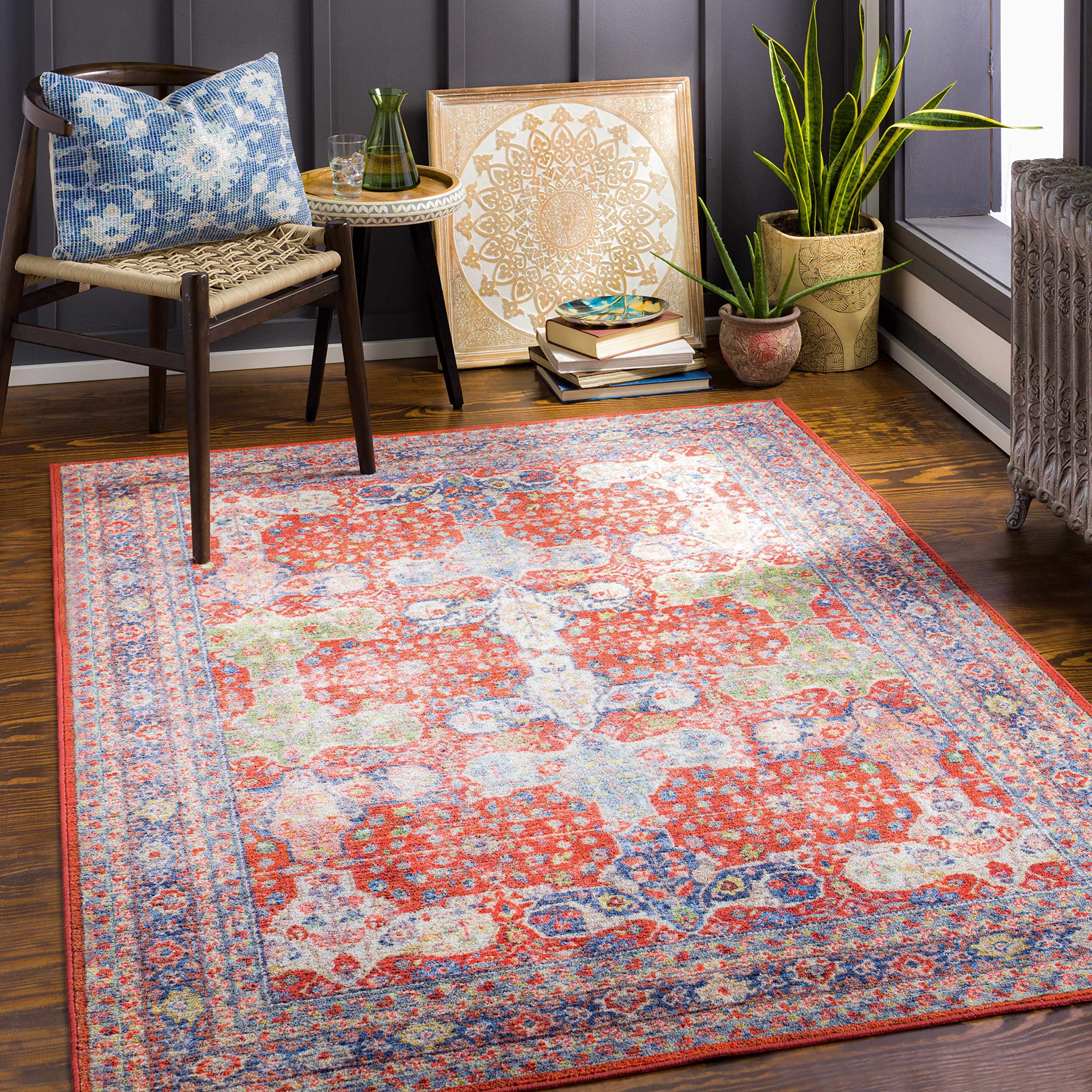 Machine Washable Hauteloom Kangundo Traditional Area Rug - Red, Navy, Denim - 6'7