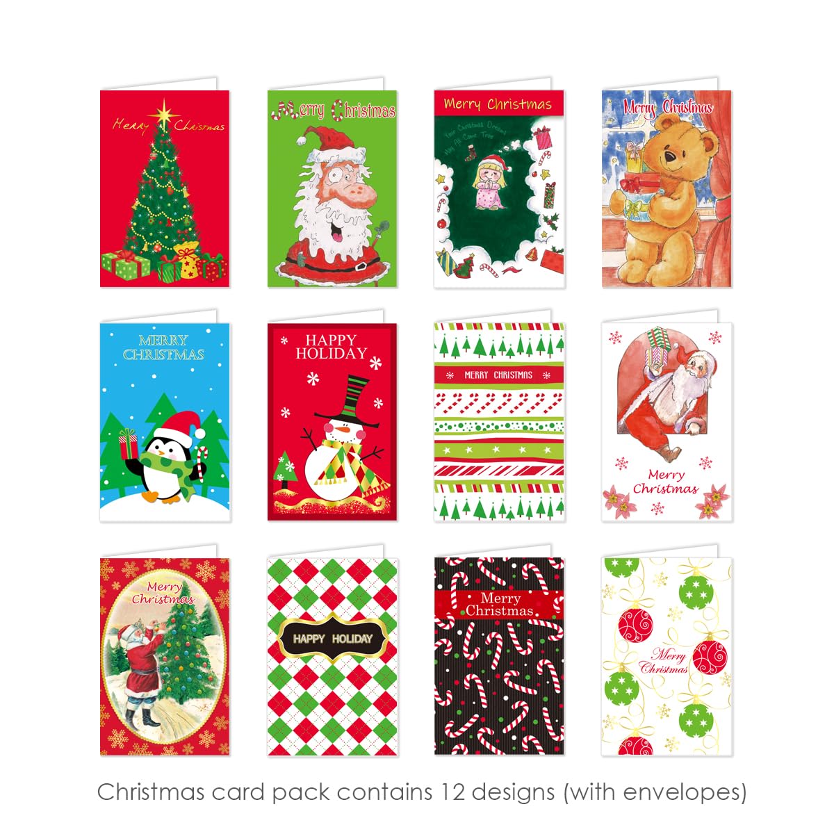 Christmas Gift Bags Set with Greeting Cards - 12 Pack (4 XL, 4 Medium, 4 Small Bags + 12 Cards & Envelopes) - Holiday Party Favors, Xmas Present Wrapping, Office Gift Exchange, Secret Santa Supplies