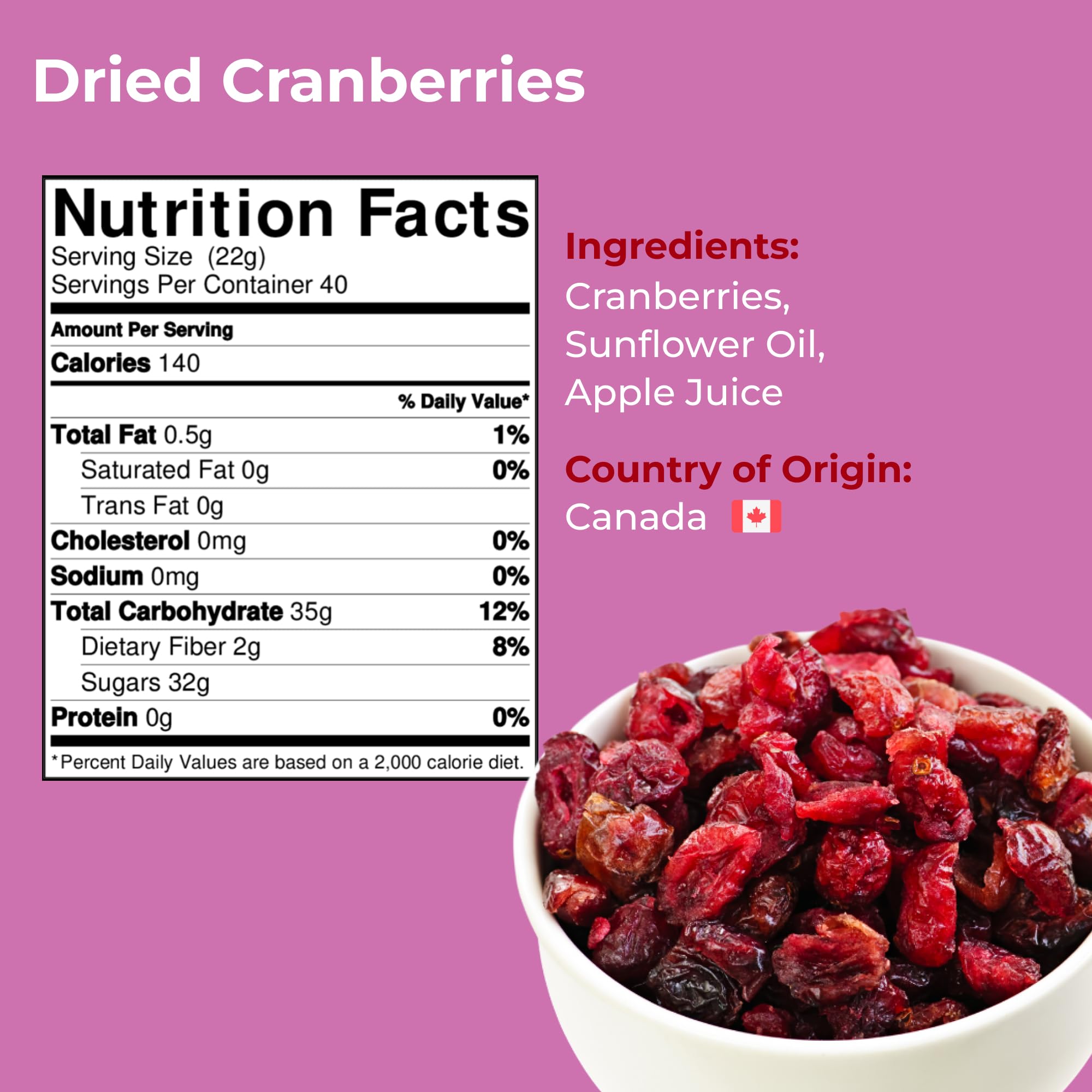 Amrita Dried Cranberries 2 lb - Sweetened with Apple Juice, Unsulfured, Gluten Free, Non-GMO, No Preservatives - Resealable Bag for Freshness - Perfect for Snacks, Salads, Baking, Trail Mix & Yogurt Topping