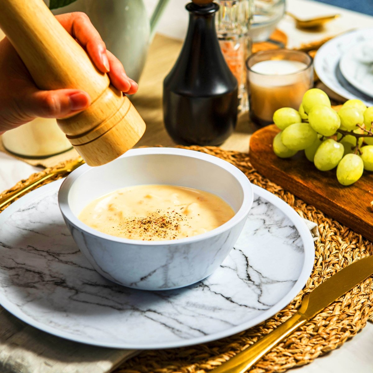 12-Piece White Marble Melamine Dinnerware Set - Plates & Bowls for Stylish Dining, Outdoor Picnics & Durable Everyday Use