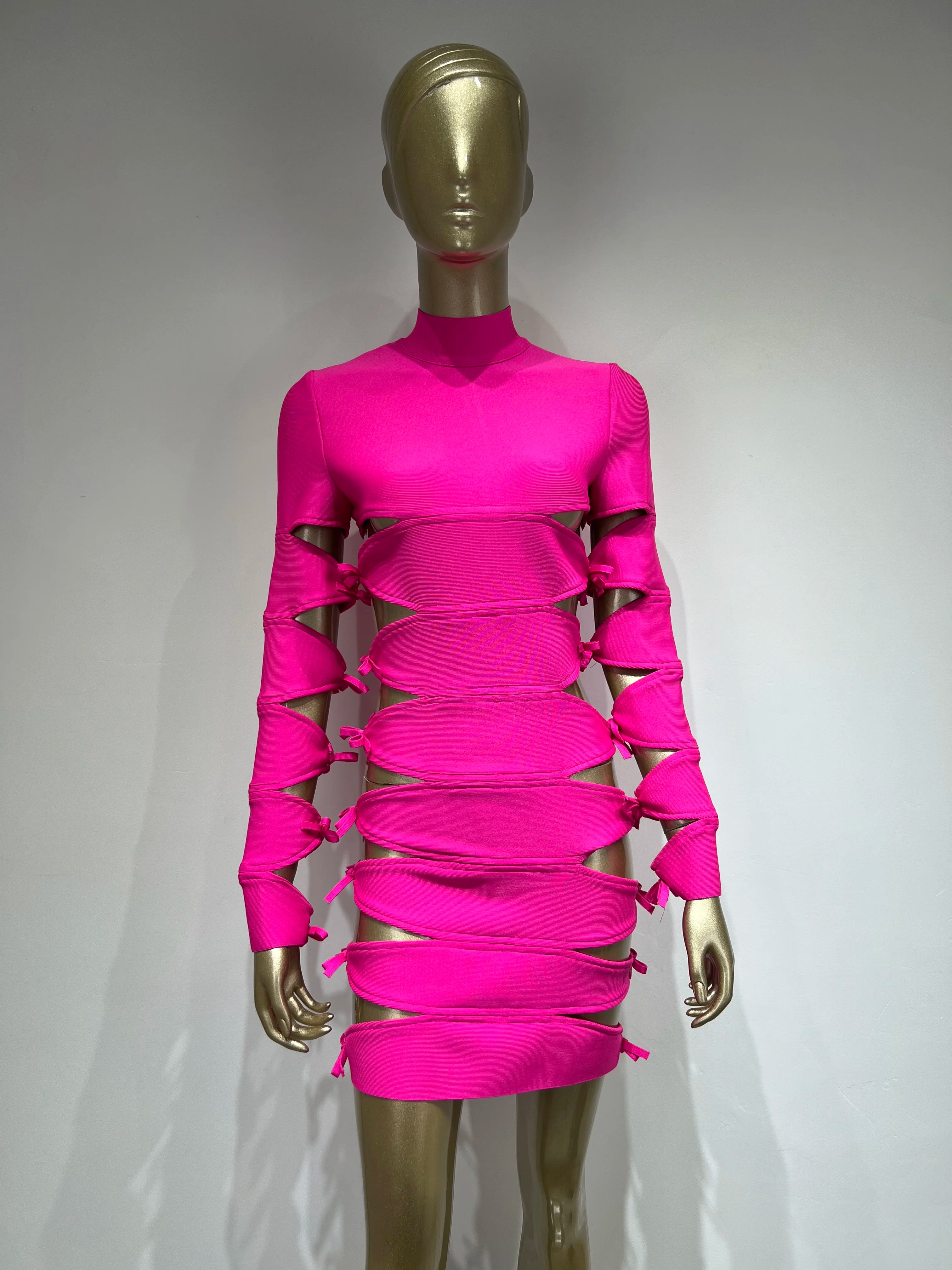 Sexy Long Sleeve Hollow Out Pink Bow Tie Mini Bandage Dress for Women - Elegant Autumn Evening & Club Party Dress 2023 | Perfect for Date Night, Cocktail Parties & Special Occasions