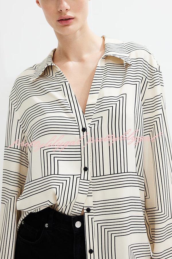 Stylish Printed Lapel Long Sleeve Blouse with Elastic Waist Casual Pants Set - Women's Loose Fit Wide Leg Trousers & Pocket Details for Office, Travel and Everyday Wear