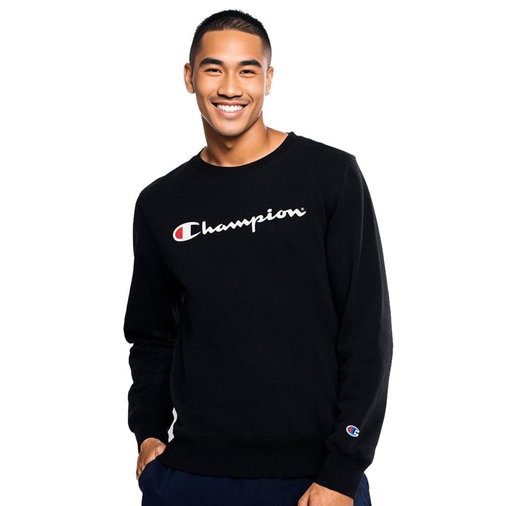 Champion Men's Script Logo Black Crewneck Sweatshirt | Comfortable Casual Pullover for Everyday Wear | Gym, Lounge & Street Style