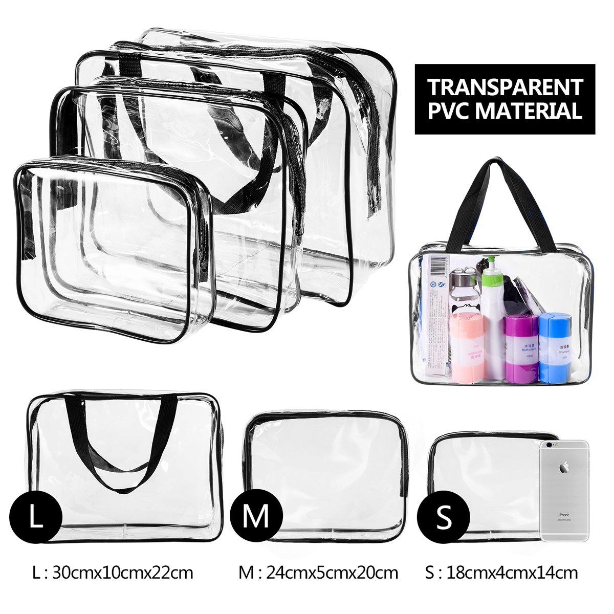 3Pcs Clear PVC Travel Toiletry Bag Set for Women & Men - Waterproof Cosmetic Organizer with Zipper & Handle Straps - TSA Approved Makeup Pouch for Carry-On Luggage, Airplane, Gym & Vacation Essentials