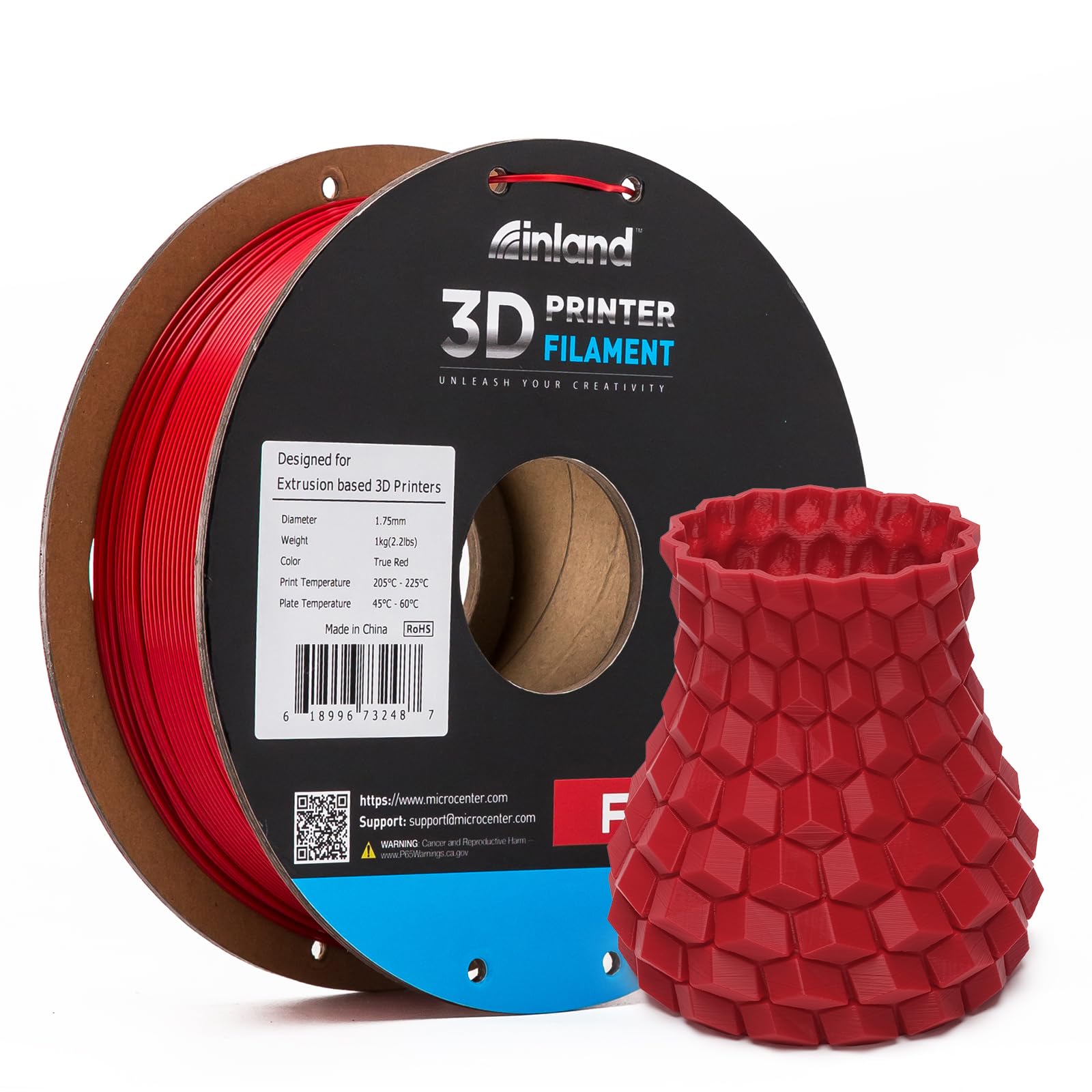 INLAND Micro Center PLA+ 3D Printer Filament 1.75mm - High Precision PLA Plus Filament with +/- 0.03mm Accuracy - 1kg (2.2 lbs) Cardboard Spool - True Red - Perfect for 3D Printing Models, Prototypes & DIY Projects