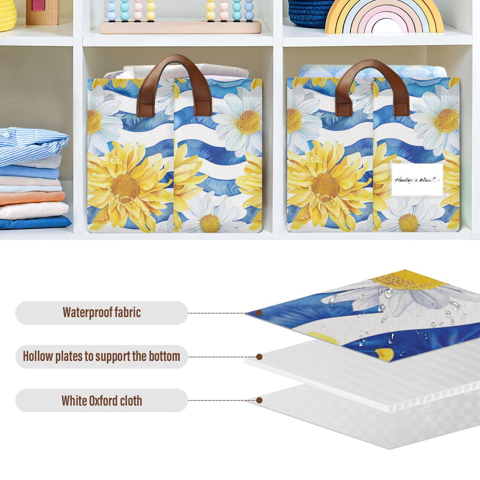 Foldable Storage Bins with Handles - 2 Pack Yellow & White Daisy Flower Pattern Shelves Cubes Baskets (16.9