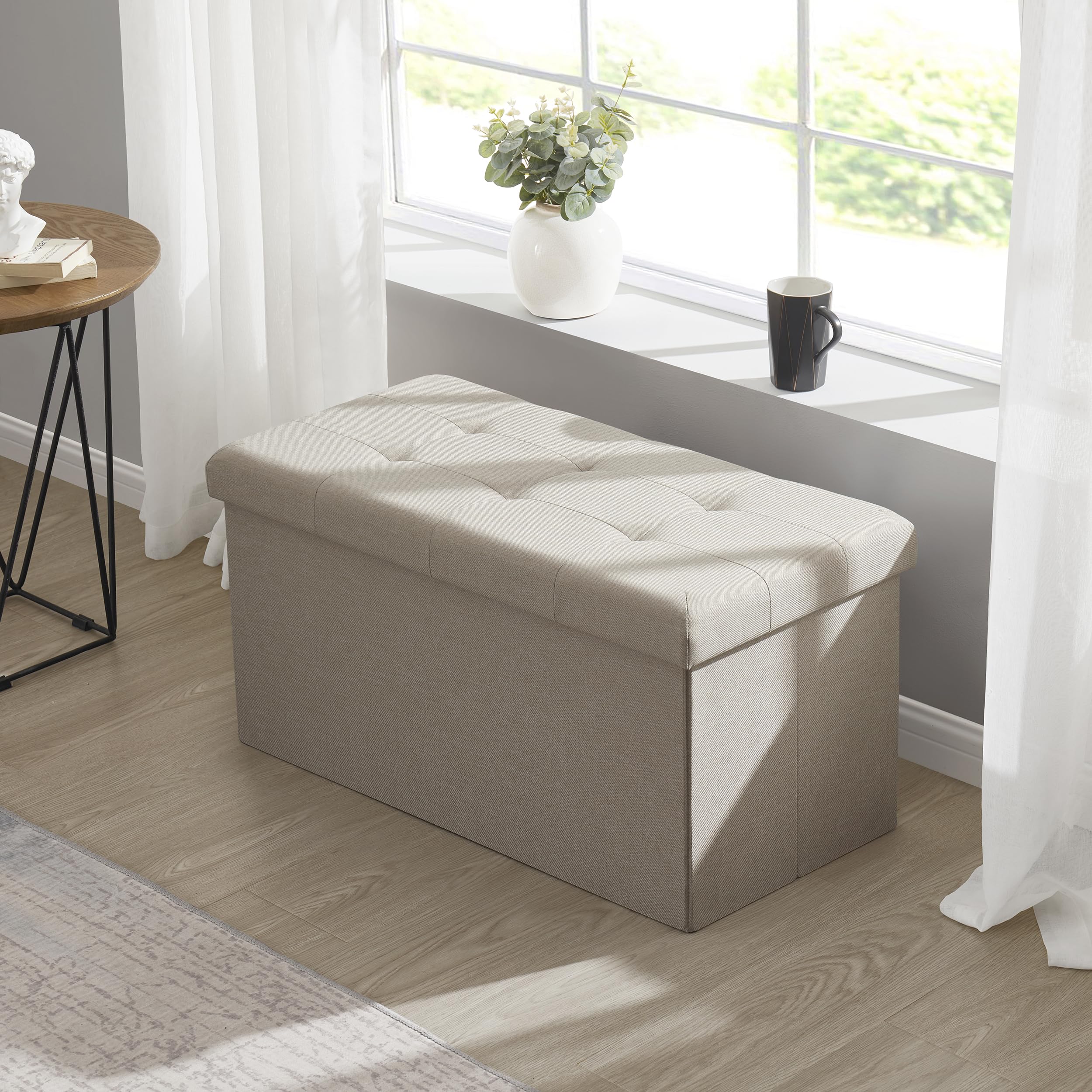 Ornavo Home 30 Inch Folding Storage Ottoman with Large Capacity - Multi-Functional Foot Rest & Bedroom Bench in Beige | Perfect for Living Room, Bedroom & Home Organization