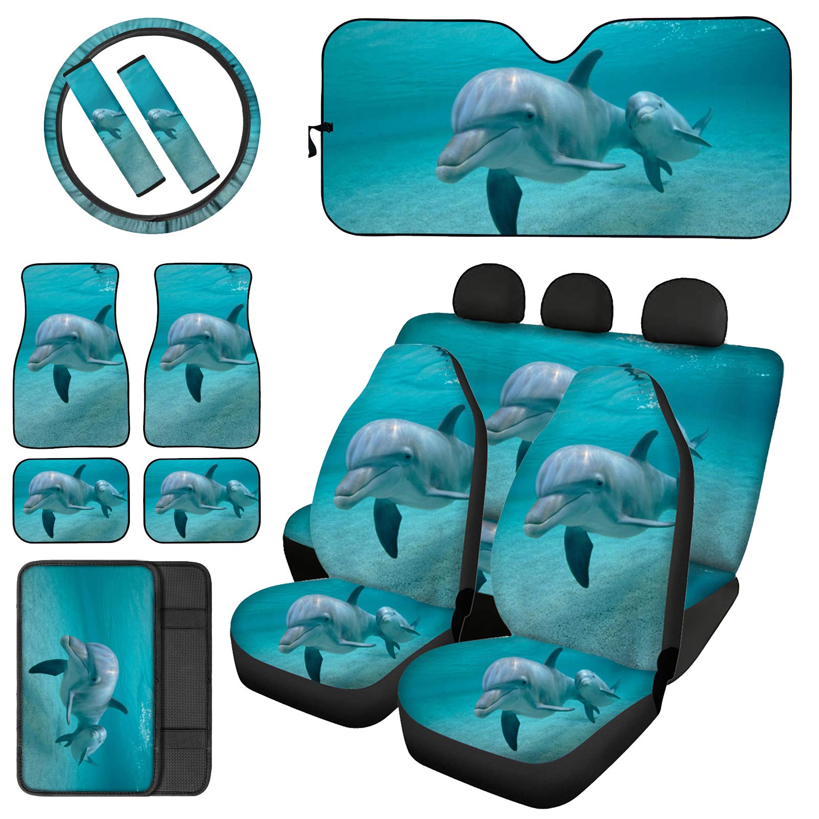 Dolphin Car Seat Covers for Front & Rear Seats - Non-Slip Bench Covers with Cute Seatbelt Pads, Steering Wheel Cover & Floor Mats | Perfect for Sun Protection & Interior Decoration | Ideal for Family Cars, Road Trips & Daily Commute