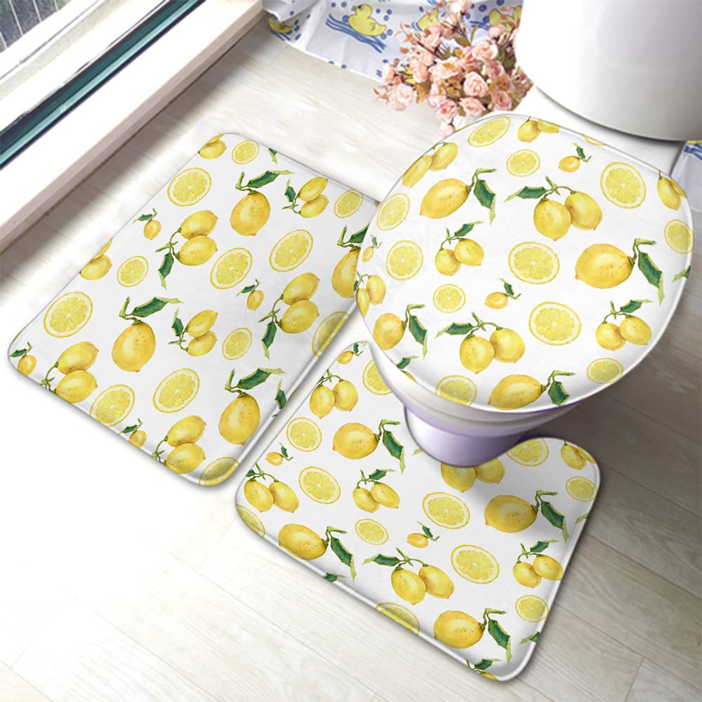 AOYEGO 3-Piece Lemon Bath Mat Set - Non-Slip Bathroom Rug with Tropical Leaf Design, Toilet Seat Cover & Anti-Skid Pad - Perfect for Bathroom, Kitchen, Laundry Room & Dorm Decor