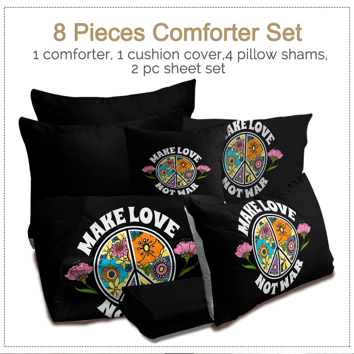 BlessLiving Love Peace Sign Twin Comforter Set - 8 Piece Hippie Bed in a Bag with Black Floral Design | Lightweight All-Season Down Alternative Bedding for Twin Beds | Perfect for Bohemian Bedrooms, Dorm Rooms & Teen Girls' Bedrooms