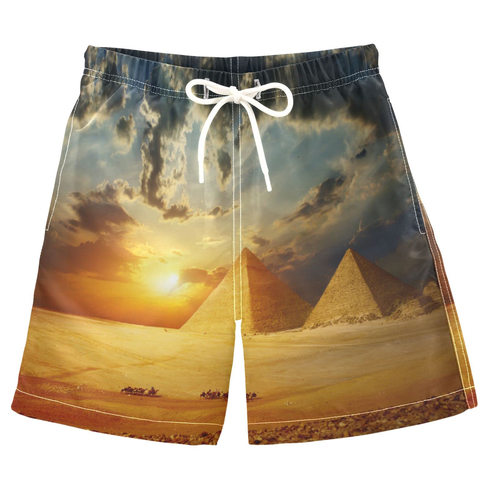 Boys' Quick Dry Swim Trunks with Inner Mesh Liner - Egyptian Pyramids Print Beach Shorts for Toddlers & Kids | Perfect for Swimming, Pool Parties & Summer Vacations