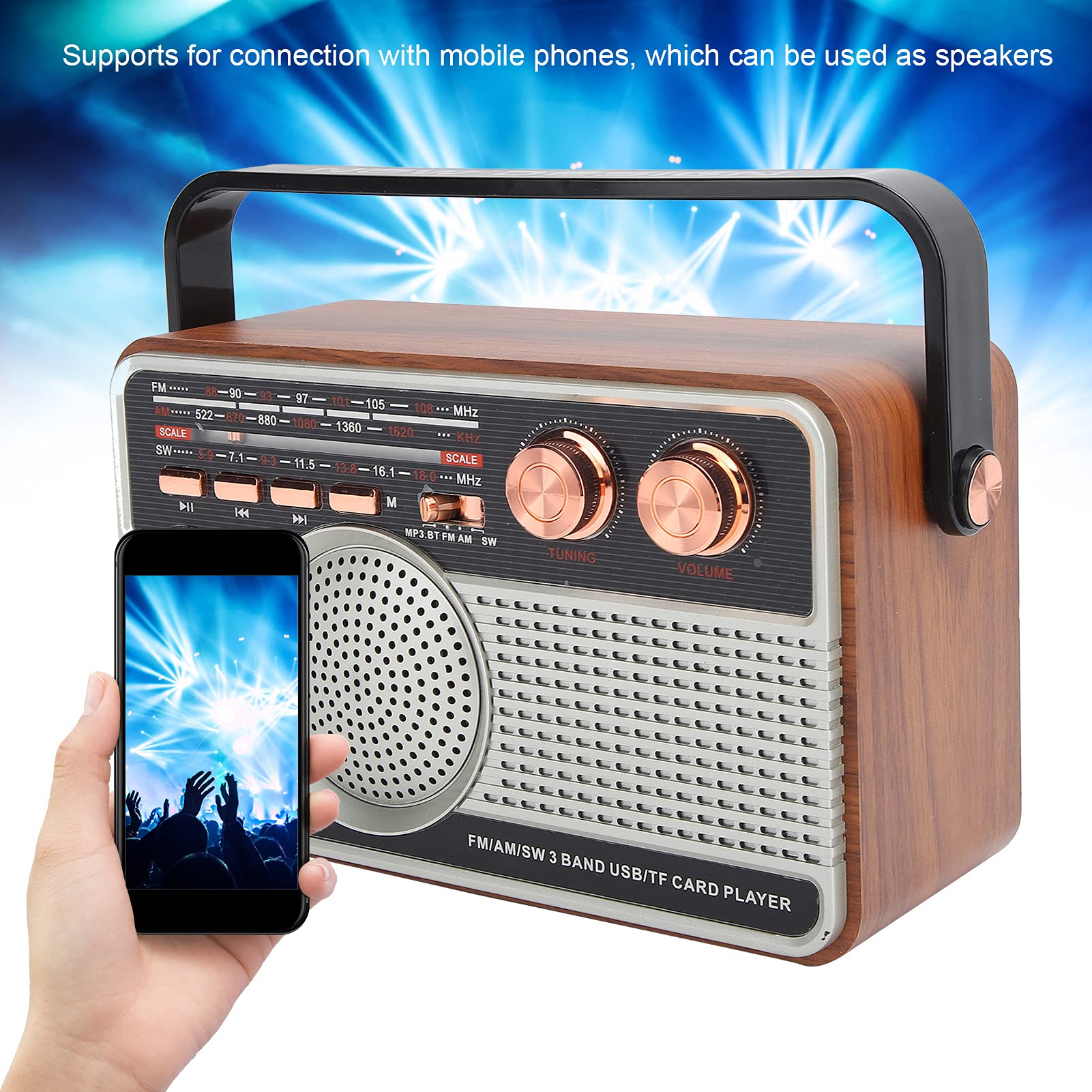Portable FM/AM/SW Bluetooth Radio Speaker with USB Rechargeable Battery - Retro Style Wireless Radio for Home, Office, Travel | Supports USB/Memory Card Playback & Hands-Free Calling
