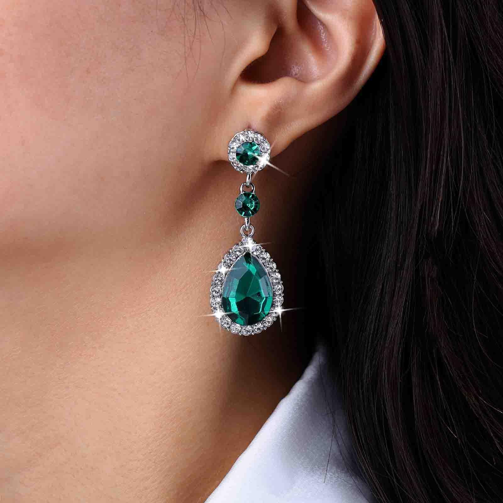 Sparkling Rhinestone Dangle Earrings for Women - Silver CZ Teardrop Drop Crystal Earrings in Emerald Green, Sapphire Blue & Ruby Red | Bridal Wedding Jewelry, Party Accessories & Evening Wear