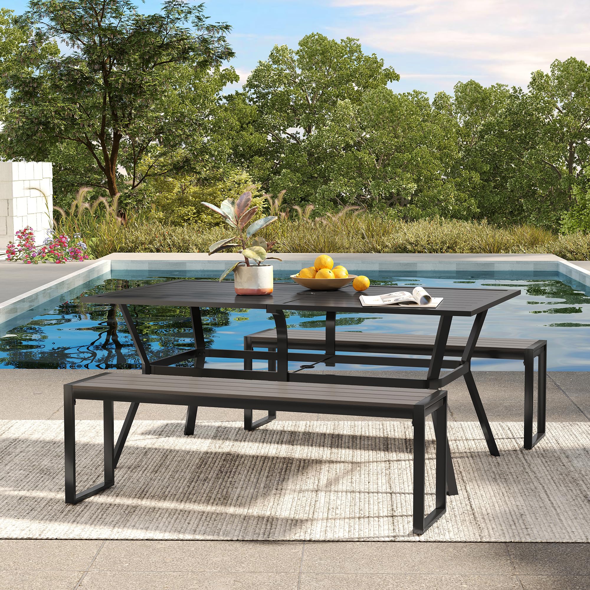 VICLLAX 6-Person Outdoor Dining Table - Rectangle Metal Steel Slat Patio Table with Umbrella Hole for Garden, Backyard, Deck, Poolside - Weather-Resistant Black Furniture for Summer BBQ & Family Gatherings