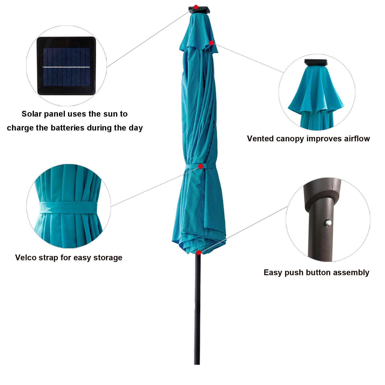 C-Hopetree 11 ft Solar LED Patio Umbrella with Tilt Function - Outdoor Market Table Umbrella for Garden, Poolside, and Restaurant Use