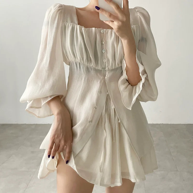 2023 Women's Summer Outfits - Long Sleeve Blouse & Thin Shorts 2-Piece Set | Pure Color Fairy Style | Perfect for Beach Vacations, Date Nights & Casual Outings