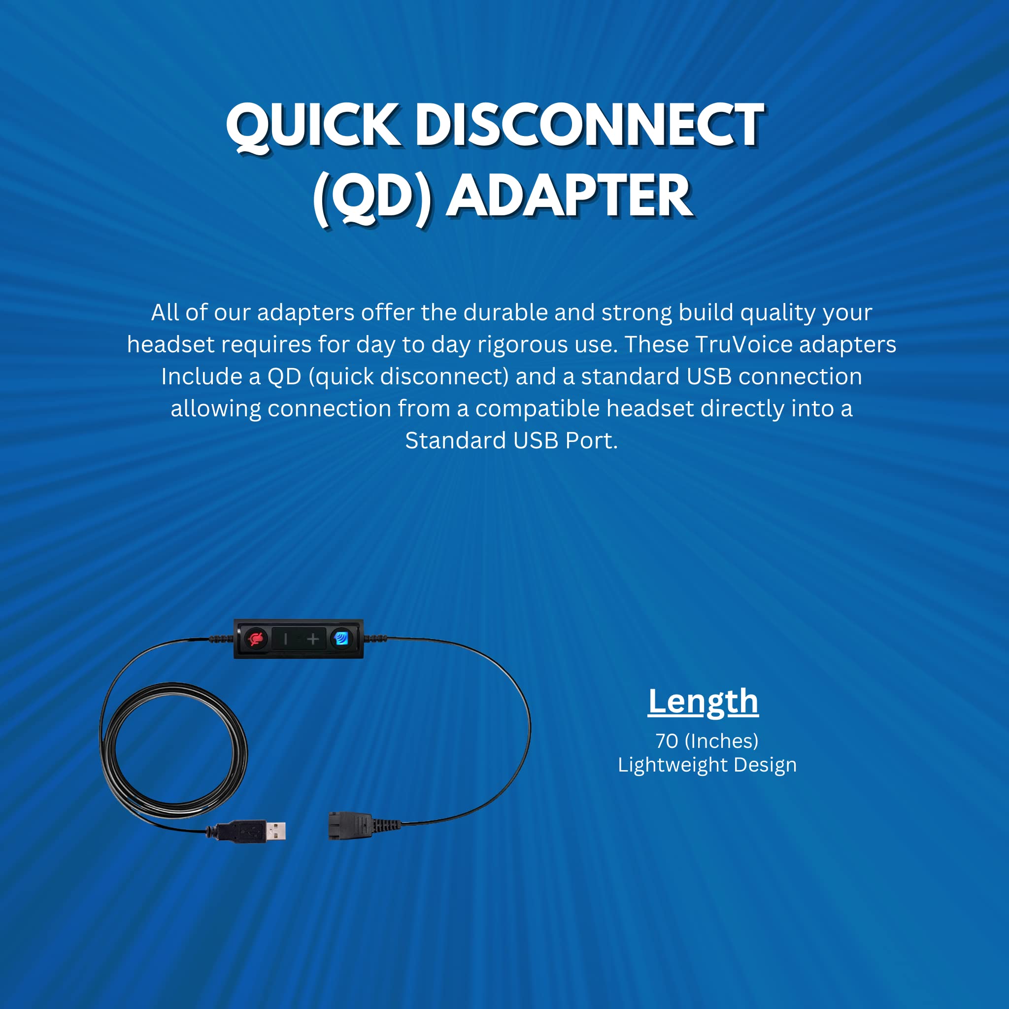 TruVoice USB Adapter for Jabra QD Wired Headsets - Volume Control & Mute Function - PC/Laptop/Softphone Headset Connector - Perfect for Call Centers, Remote Work & Online Meetings