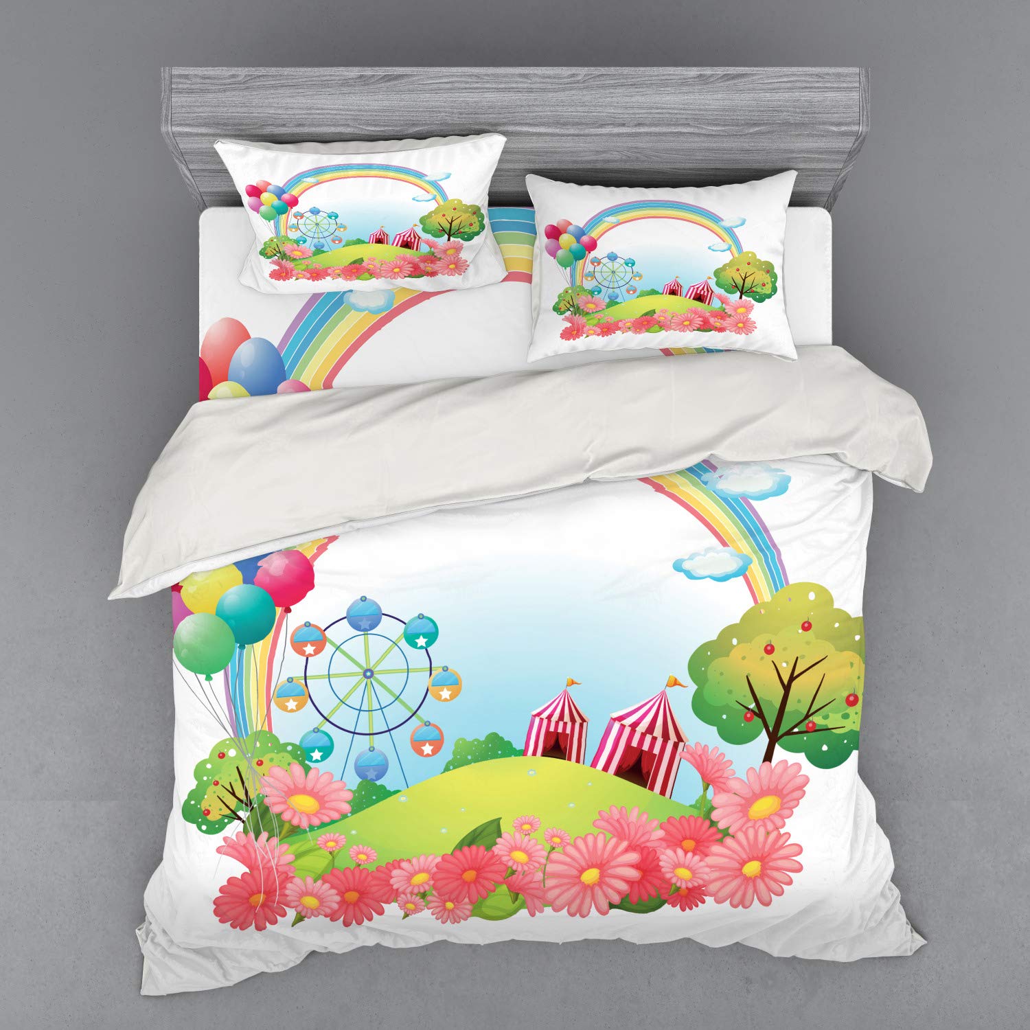 Ambesonne Circus Duvet Cover Set - King Size 4-Piece Bedding with Shams & Fitted Sheet, Vibrant Rainbow Colors Featuring Circus Tents, Balloons & Ferris Wheel Design - Perfect for Kids' Rooms, Themed Bedrooms & Circus Lovers