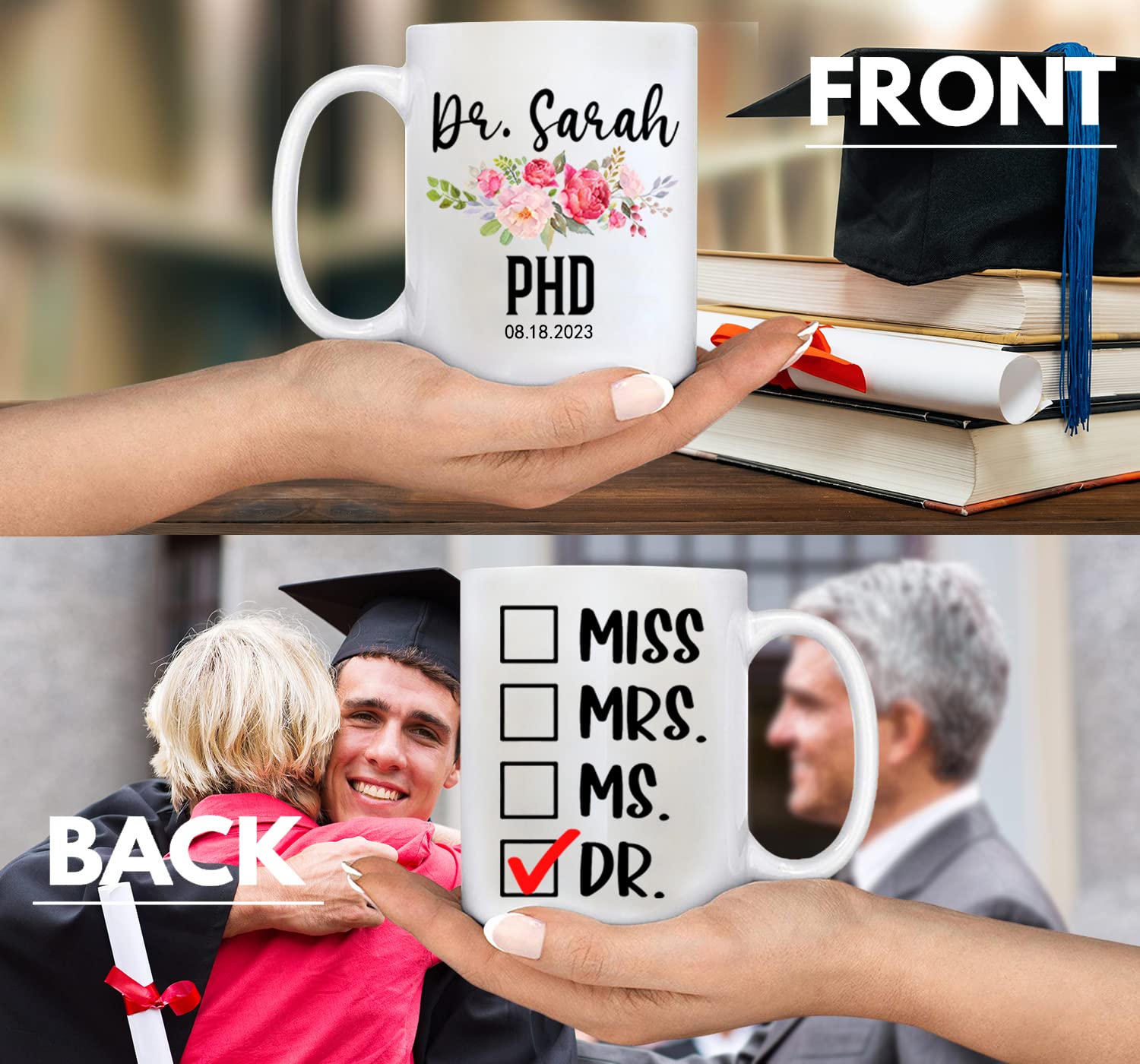 Personalized PhD Graduation Mug - Custom Engraved Coffee Cup for Doctorate Degree, PhD Graduate, Doctor - Ideal Gift for 2023 Graduation Ceremony, Office Desk & Academic Celebrations