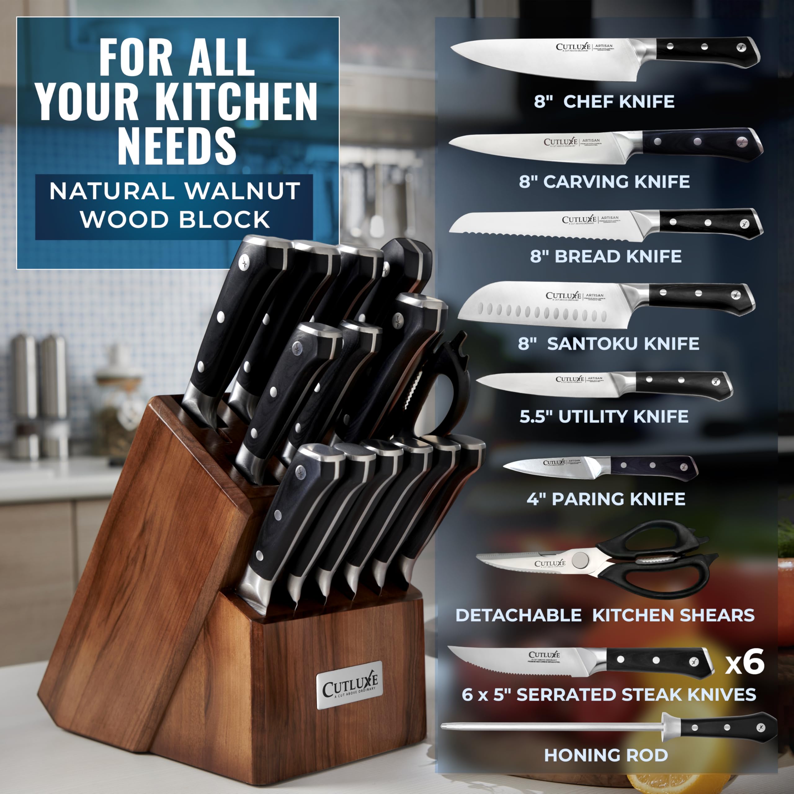 Cutluxe 15-Piece Professional Chef Knife Set with Walnut Wood Block - Ultra Sharp High Carbon German Stainless Steel Knives, Full Tang Kitchen Knife Set - Perfect for Home Chefs & Culinary Enthusiasts