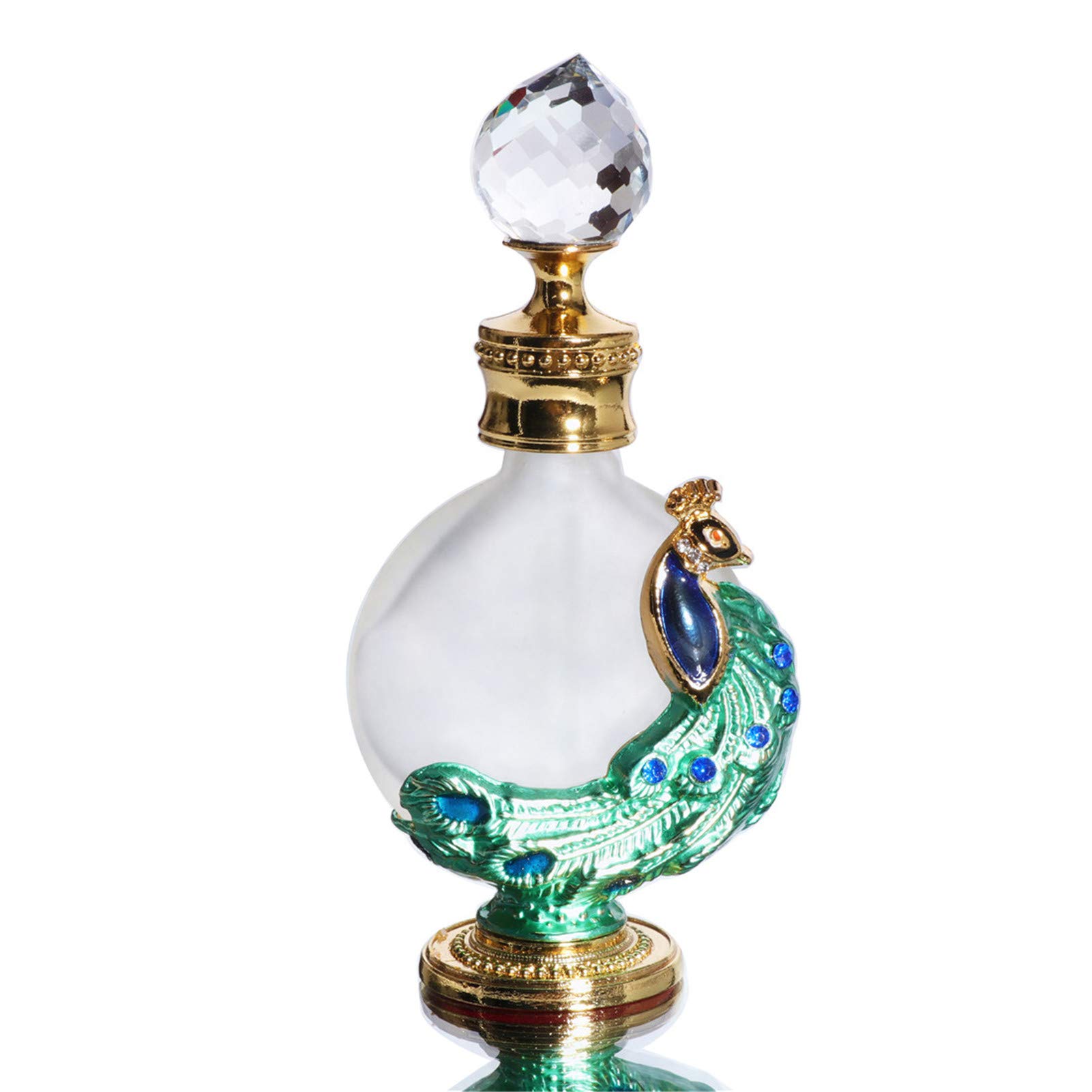 Vintage Refillable Perfume Bottle - Frosted Glass Essential Oil Container with Green Peafowl Design, 15ml for Home Decor, Gift & Aromatherapy Use
