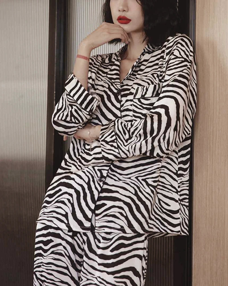 Zebra Print Silk Pajama Set for Women - Soft Luxurious Sleepwear - Perfect for Lounge, Sleep & Spa Days