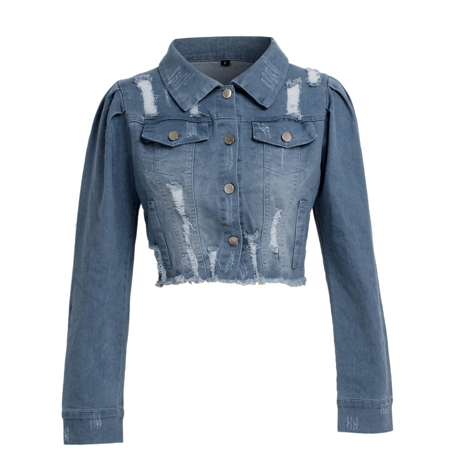 Women's Ripped Denim Jacket with Puff Sleeves & Frayed Hem - Slim Fit Cropped Jean Jacket for Casual Outfits & Streetwear Fashion