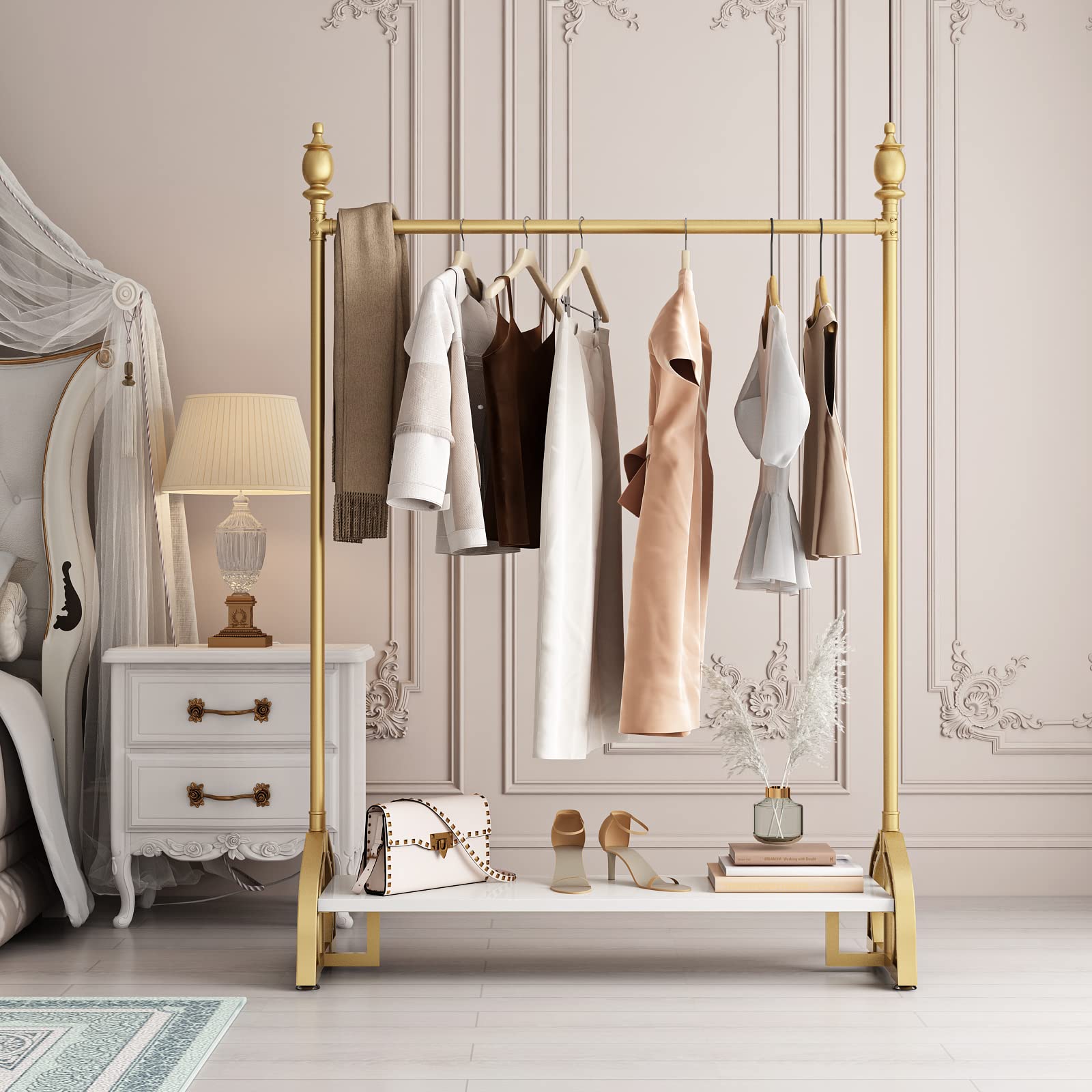 Heavy Duty Gold Clothing Rack with Shelf - 47.24 Inch Boutique Garment Display Rack for Retail Stores, Boutiques & Home Closet Organization - Perfect for Clothing Stores, Fashion Shows & Wardrobe Storage