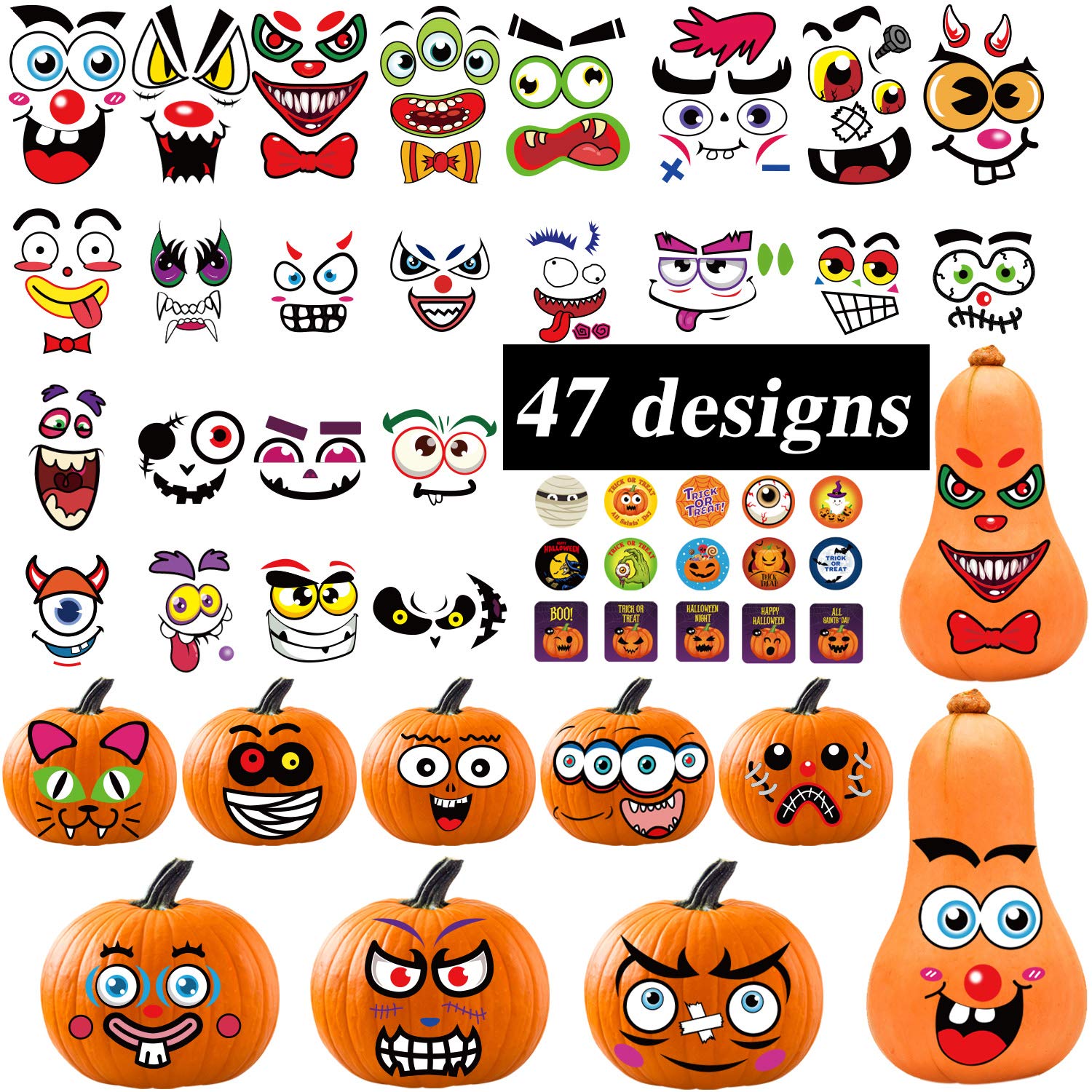 47 PCS Halloween Stickers for Pumpkin Decorating - Cute & Scary Jack O' Lantern Stickers for Halloween Party, Trick or Treat Favors, Pumpkin Crafts - Perfect for DIY Decor, Party Supplies & Kids' Activities