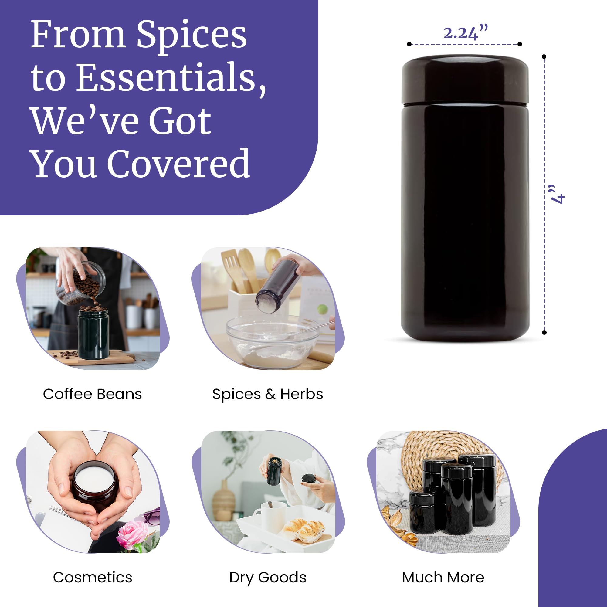 Infinity Jars 5.07 fl oz Black Glass Storage Jars with Screw Top Lid - UV Protection Airtight Containers for Coffee, Tea & Dry Goods - 10 Pack Kitchen Organization for Spices, Herbs & Pantry Storage