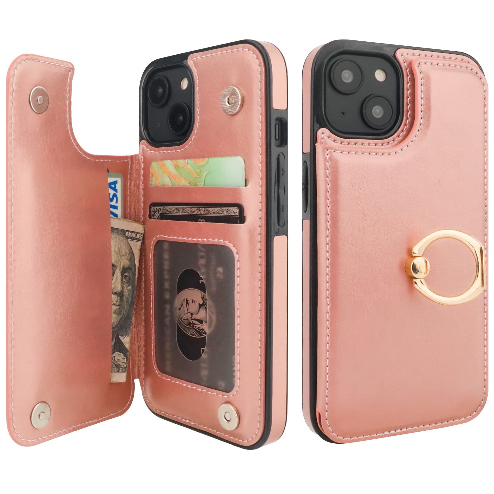 Premium 360° Rotating Ring Kickstand iPhone 15 Wallet Case with RFID Blocking - PU Leather Magnetic Clasp Shockproof Cover for Women (6.1